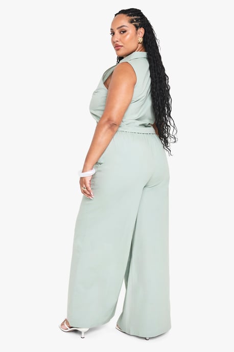 Plus Drawstring Waist Poplin Wide Leg Trouser - Image 2