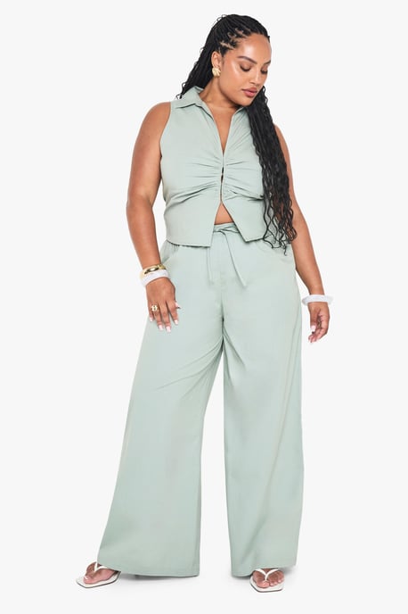 Plus Drawstring Waist Poplin Wide Leg Trouser - Image 3