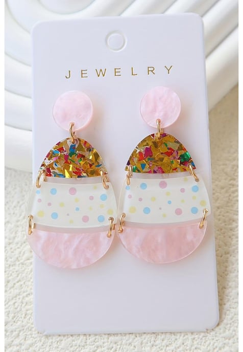 Pink Cute Printed Easter Egg Shape Drop Earrings - Image 3