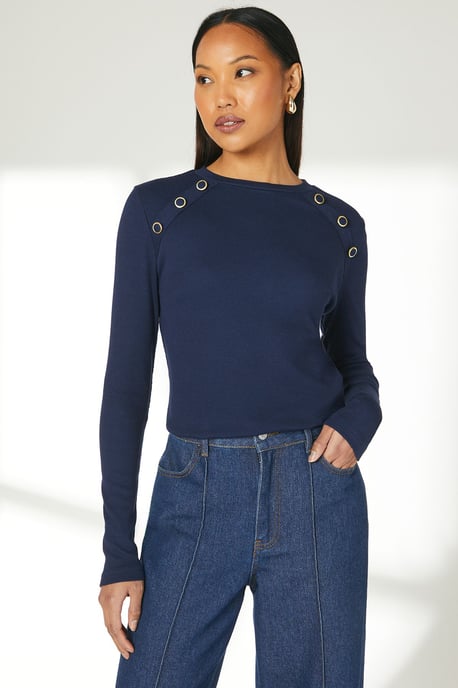 Navy Button Detail Rib Top - Image 2