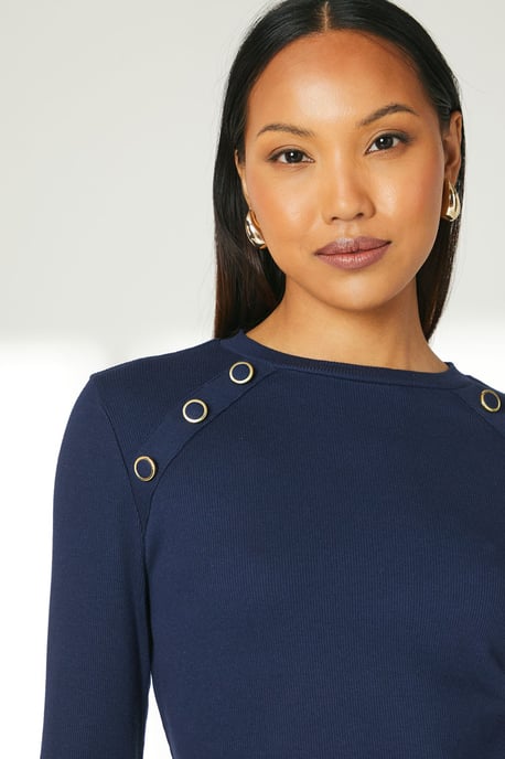 Navy Button Detail Rib Top - Image 3