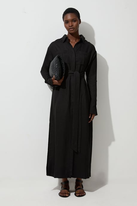 Viscose Linen Woven Belted Shirt Dress - Image 1