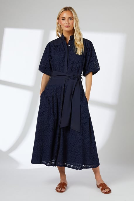 Navy Broderie Belted Contrast Detail Midaxi Dress - Image 1