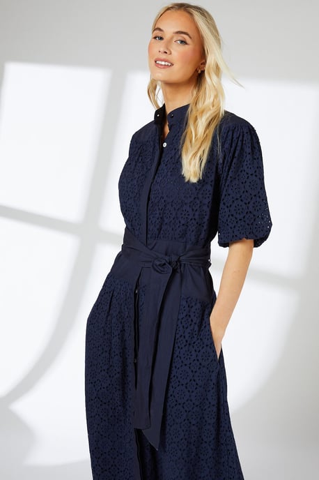 Navy Broderie Belted Contrast Detail Midaxi Dress - Image 2