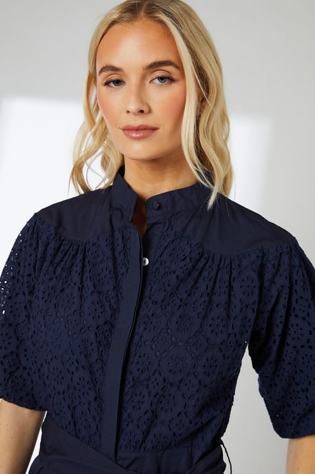 Navy Broderie Belted Contrast Detail Midaxi Dress - Image 3