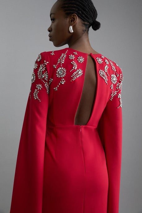 Compact Stretch Viscose Crystal Embellished Cape Maxi Dress - Image 3
