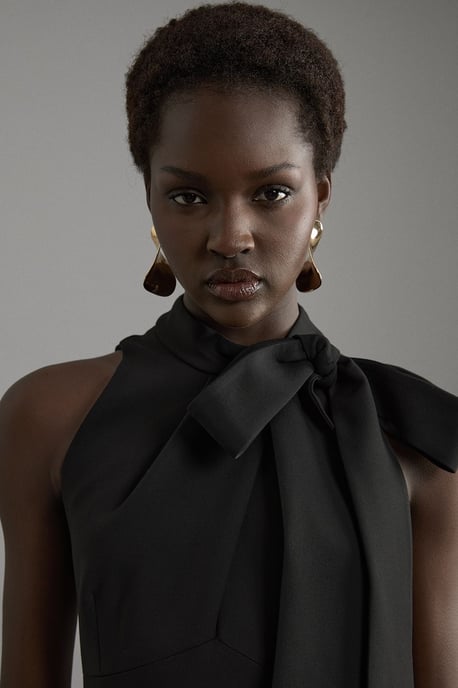Compact Stretch Bow Tie Neck Full Skirted Midi Dress - Image 2