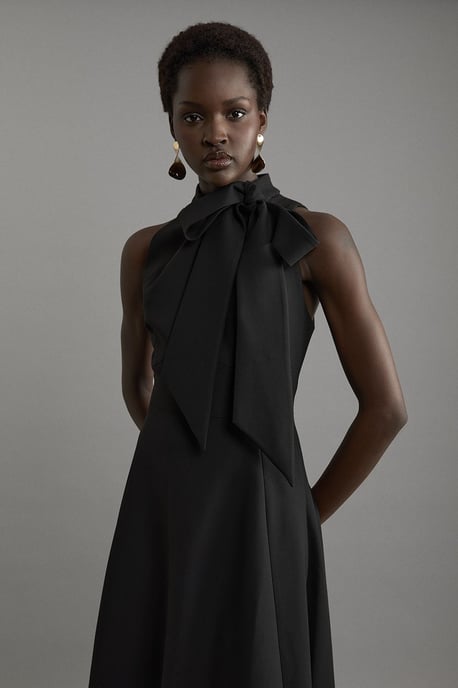 Compact Stretch Bow Tie Neck Full Skirted Midi Dress - Image 3