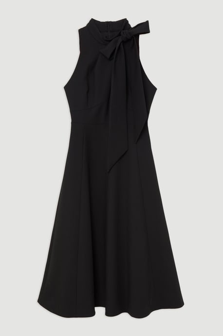 Compact Stretch Bow Tie Neck Full Skirted Midi Dress - Image 4