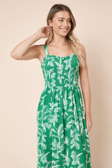 Green Palm Shirred Bodice Strappy Midi Dress - Image 2