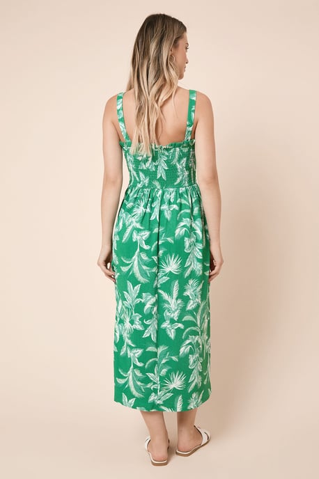 Green Palm Shirred Bodice Strappy Midi Dress - Image 4