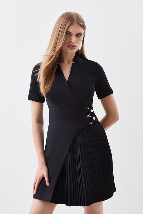 Tailored Military Pleat Notch Neck Wrap Mini Dress - Image 1