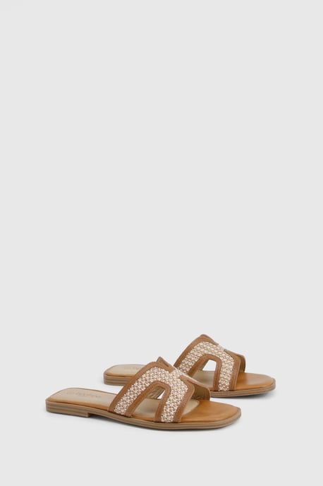 Wide Fit Contrast Raffia Cut Out Sliders - Image 2