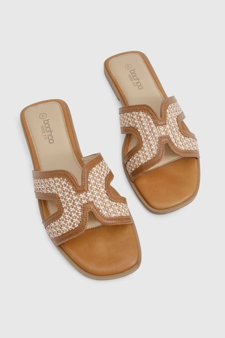 Wide Fit Contrast Raffia Cut Out Sliders - Image 6