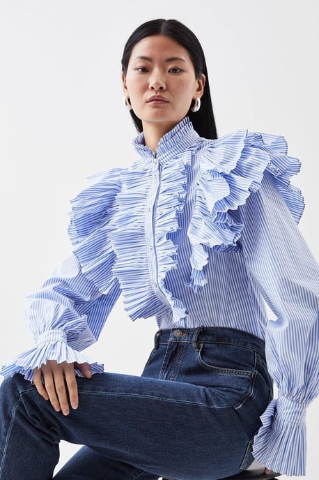 Pleated Striped Ruffle Woven Shirt - Image 1