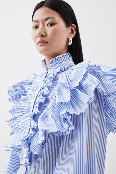 Pleated Striped Ruffle Woven Shirt - Image 2