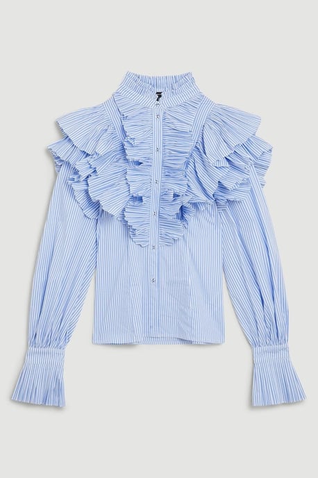 Pleated Striped Ruffle Woven Shirt - Image 4
