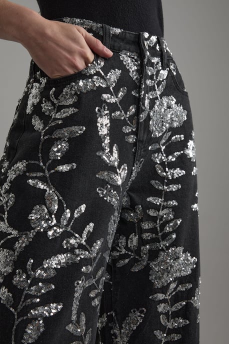 Denim All Over Floral Sequin Wide Leg Trousers - Image 3