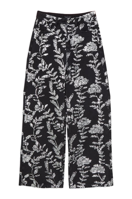 Denim All Over Floral Sequin Wide Leg Trousers - Image 4