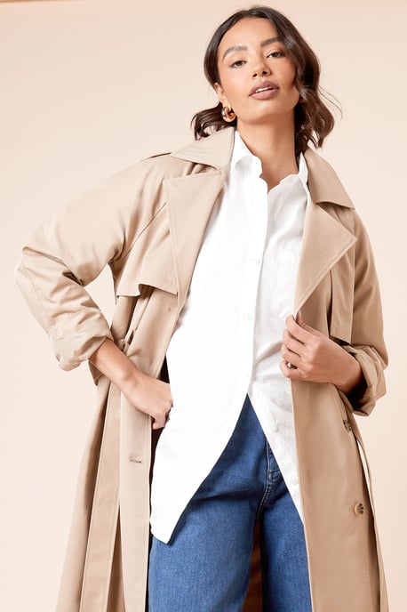 Longline Double Breasted Belted Trench Coat - Image 4