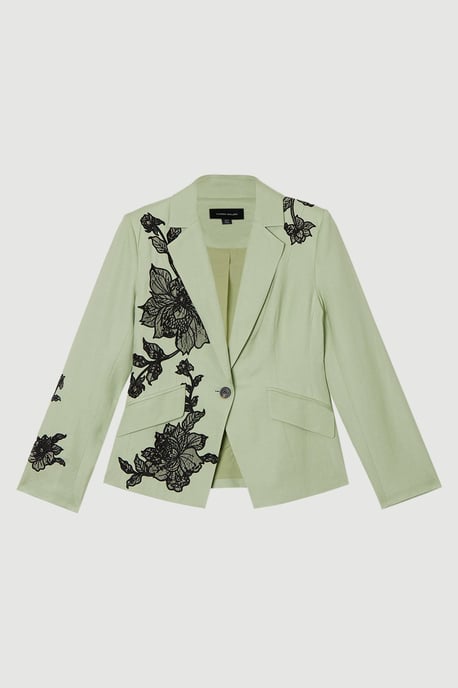 Viscose Linen Placed Floral Lace Embroideried Tailored Jacket - Image 4