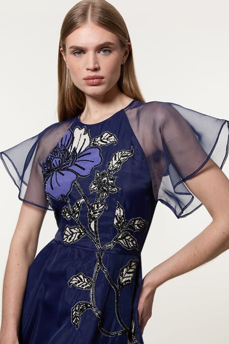 Short Sleeve Sleeve Floral Applique Organdie Woven Maxi Dress - Image 1