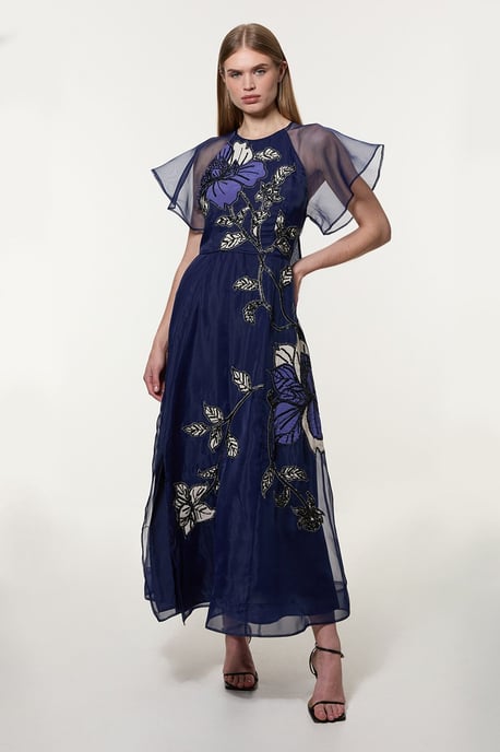Short Sleeve Sleeve Floral Applique Organdie Woven Maxi Dress - Image 2