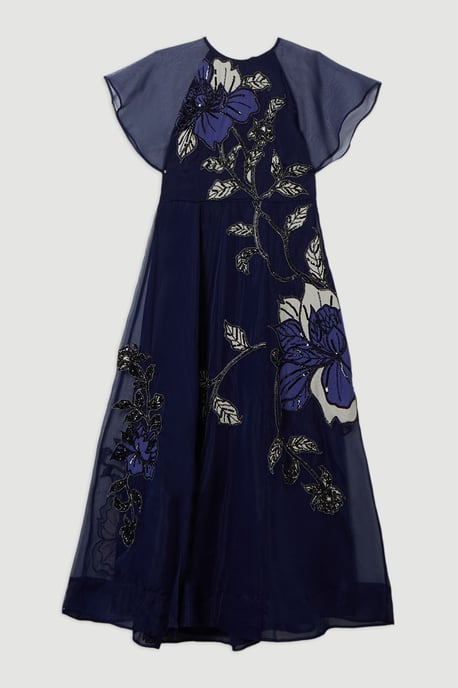 Short Sleeve Sleeve Floral Applique Organdie Woven Maxi Dress - Image 4