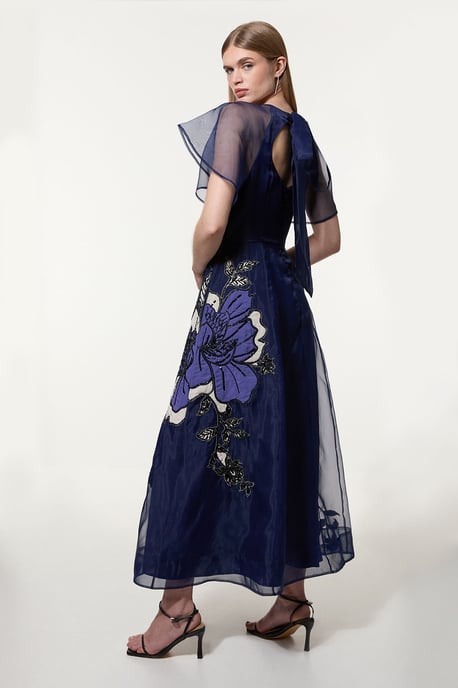 Short Sleeve Sleeve Floral Applique Organdie Woven Maxi Dress - Image 5