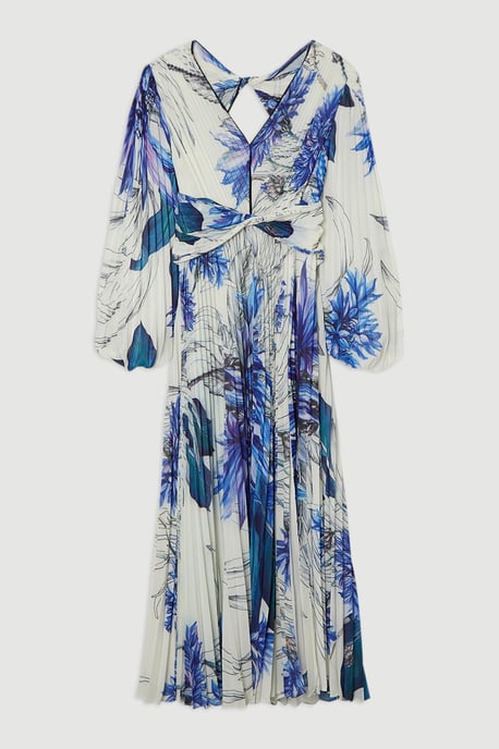 Floral Balloon Sleeve Pleated Crinkle Cut Out Woven Maxi Dress - Image 4