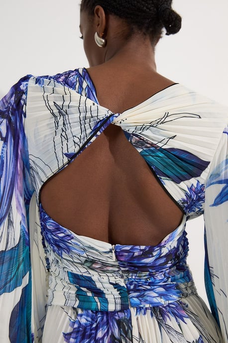 Floral Balloon Sleeve Pleated Crinkle Cut Out Woven Maxi Dress - Image 5