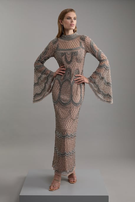 Embellished And Beaded Long Sleeve Woven Maxi Dress - Image 1
