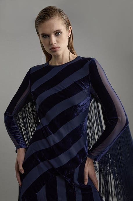Fringed Velvet Devore Long Sleeve Woven Maxi Dress - Image 2