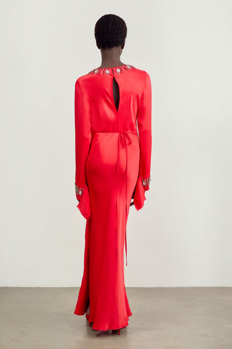 The Founder Crystal Embellished Raw Edge Satin Wrap Maxi Dress - Image 3