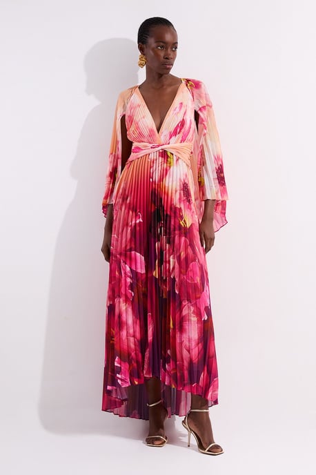 Ombre Floral Soft Pleated Woven Maxi With Cape Detail - Image 1