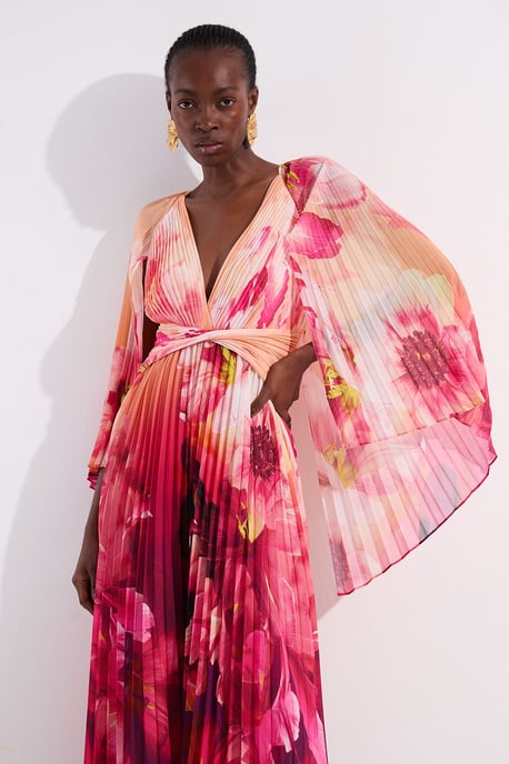 Ombre Floral Soft Pleated Woven Maxi With Cape Detail - Image 2