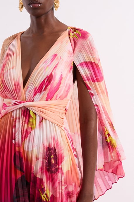 Ombre Floral Soft Pleated Woven Maxi With Cape Detail - Image 3