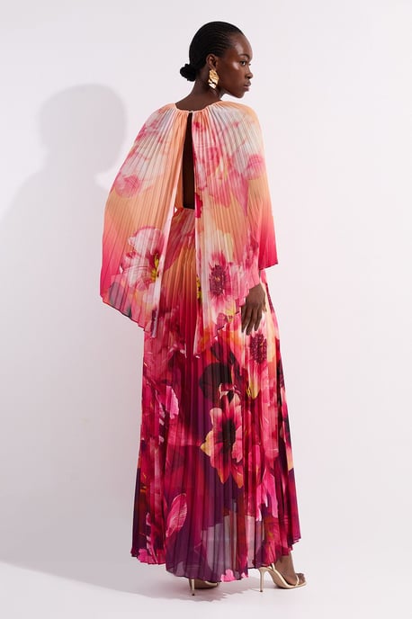 Ombre Floral Soft Pleated Woven Maxi With Cape Detail - Image 5