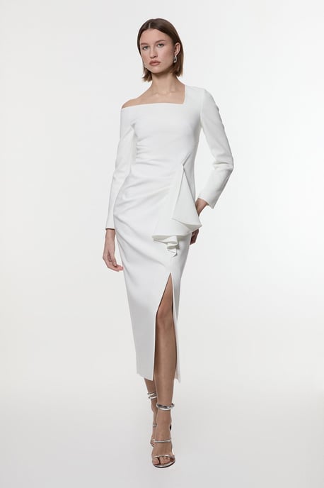 Clean Tailored Asymmetric Neckline Draped Midi Dress - Image 1