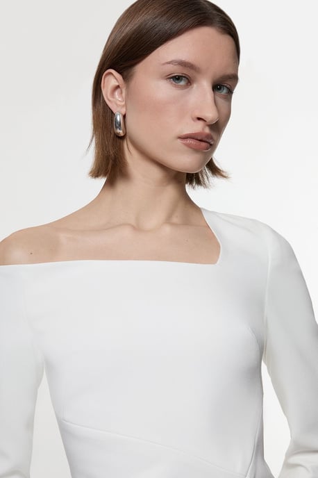 Clean Tailored Asymmetric Neckline Draped Midi Dress - Image 2