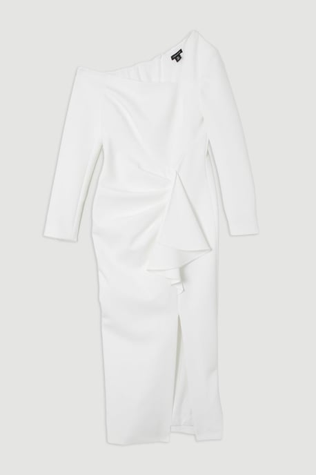 Clean Tailored Asymmetric Neckline Draped Midi Dress - Image 4