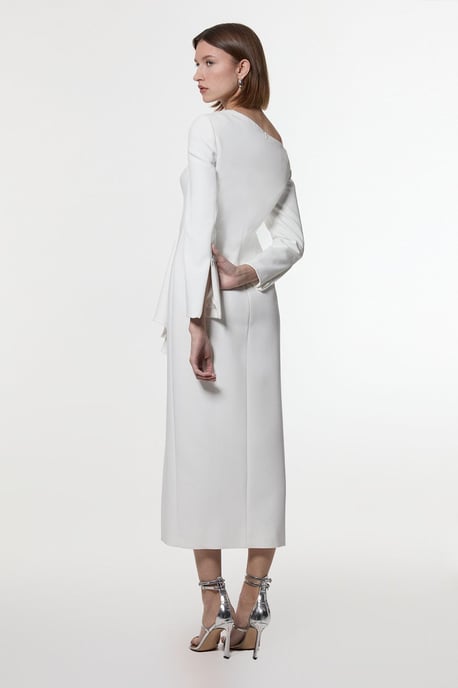 Clean Tailored Asymmetric Neckline Draped Midi Dress - Image 5