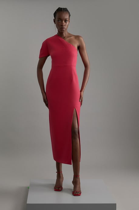 Petite Structured Crepe Asymmetric Cape Detail Tailored Midi Dress - Image 1