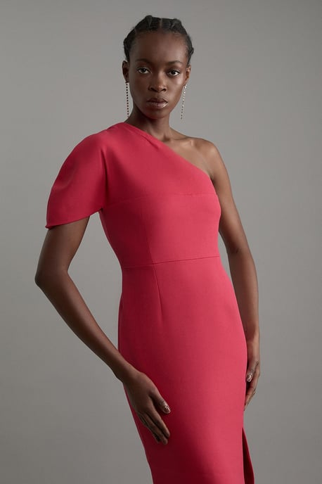 Petite Structured Crepe Asymmetric Cape Detail Tailored Midi Dress - Image 2