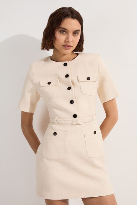 Petite Textured Tweed Belted Tailored Mini Dress - Image 1