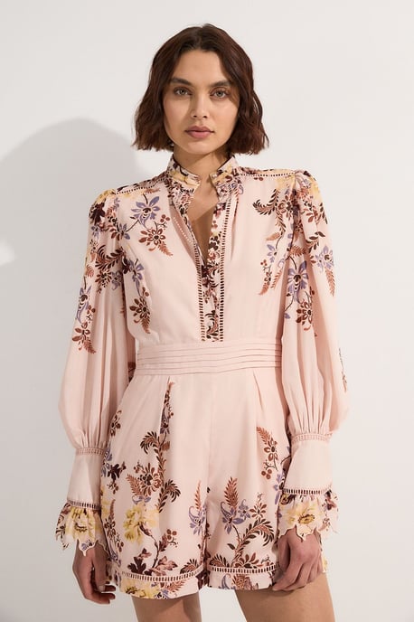 Voile Floral Border Print Woven Playsuit With Ladder Lace Trim - Image 1