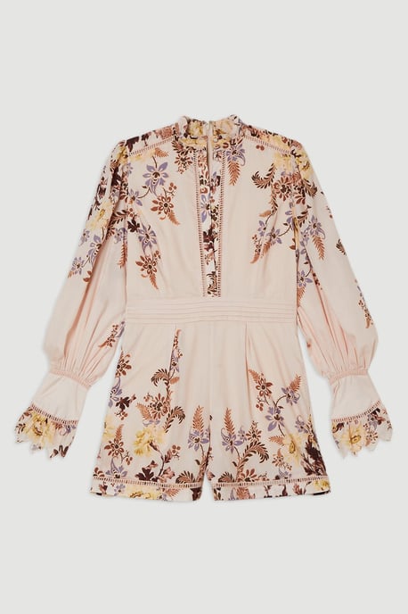 Voile Floral Border Print Woven Playsuit With Ladder Lace Trim - Image 4