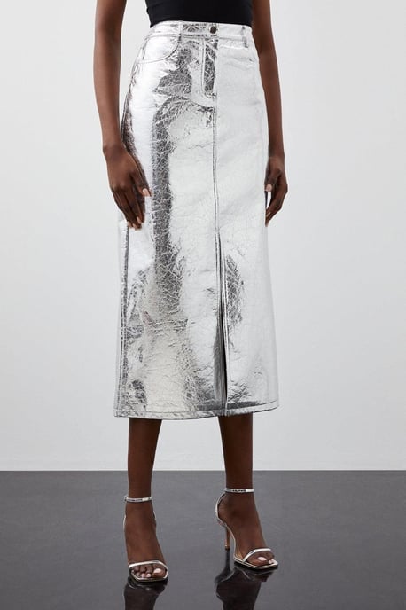 Metallic Faux Leather Midi Skirt - Image 2