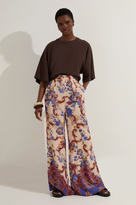 Premium Viscose Linen Paisley Border Print Woven Wide Leg Trouser - Image 1