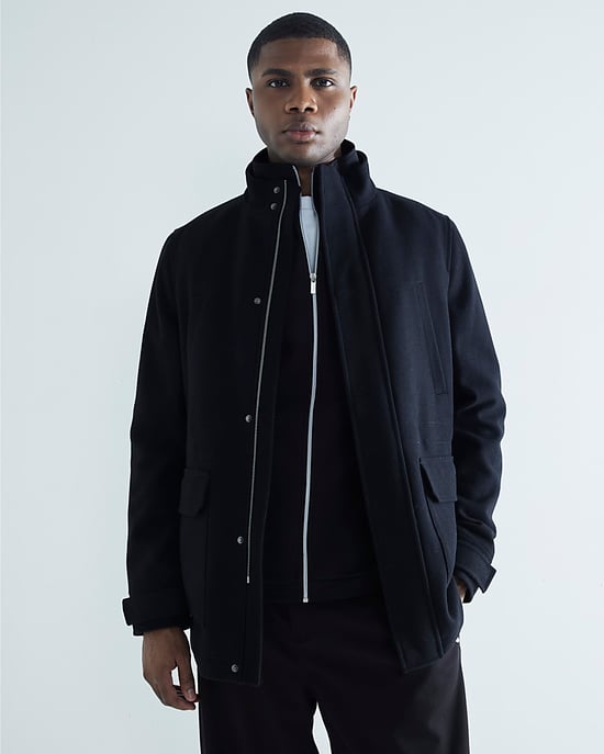 River Island Mens Coat Black Wool Blend Funnel Neck - Image 1